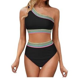 NWT Tempt Me Size XL Black One-Shoulder High Waist Swimsuit‎ Colorful Stripes
